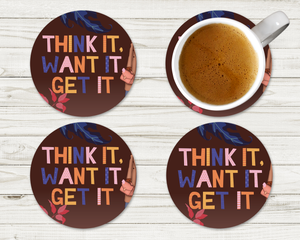 4 pc. "Think It. Want It. Get It" Affirmation Coaster Set | Home Decor | Drink Accessories | Kitchen | Personalized Coasters | Drinking