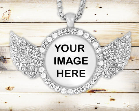 Large Silver Custom Rhinestone Angel Wing Necklace  | Memorial | Anniversary | Memory Necklace | Christmas Gift | Photo Necklace